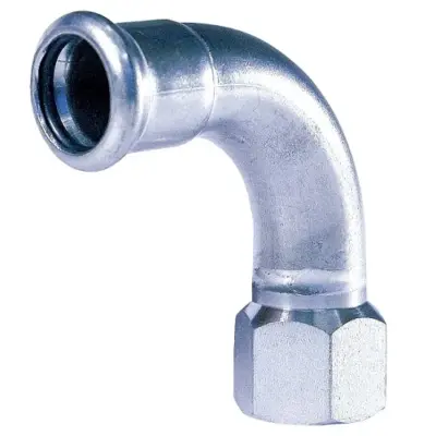 M-Press carbon steel industry M-profile press fit x BSP female threaded 90 degree bend, FKM seal, PN16 rated.