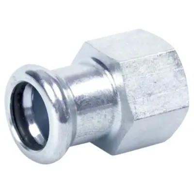 M-Press carbon steel industry M-profile press fit x BSP female threaded straight adapter, FKM seal, PN16 rated.