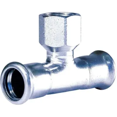 M-Press carbon steel industry M-profile press fit x BSP female threaded tee, FKM seal, PN16 rated.