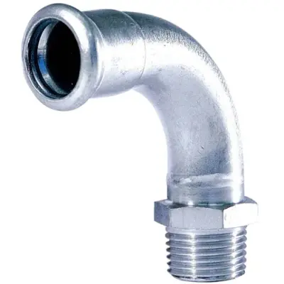 M-Press carbon steel industry M-profile press fit x BSP male threaded 90 degree bend, FKM seal, PN16 rated.