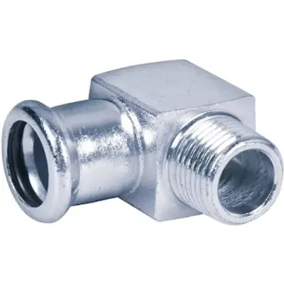 M-Press carbon steel industry M-profile press fit x BSP male threaded 90 degree elbow, FKM seal, PN16 rated.