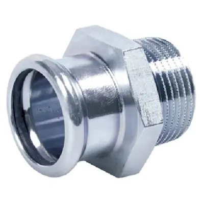 M-Press carbon steel industry M-profile press fit x BSP male threaded straight adapter, FKM seal, PN16 rated.