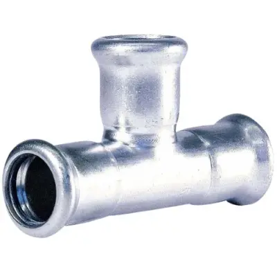 M-Press carbon steel industry M-profile press fit equal tee, FKM seal, PN16 rated.