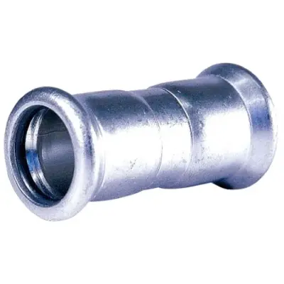 M-Press carbon steel industry M-profile press fit straight coupling, FKM seals, PN16 rated.