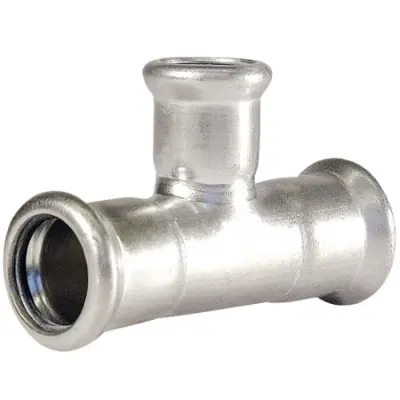 M-Press Stainless steel 316 steam M-profile press fit branch reducing tee. PN7 Rated, FEPM Aflas Seals.