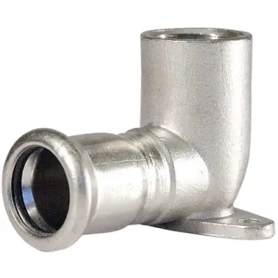 M-Press Stainless steel 316 steam M-profile press fit x BSP female threaded 90 degree elbow. Wallplate, PN7 Rated, FEPM Aflas Seal.
