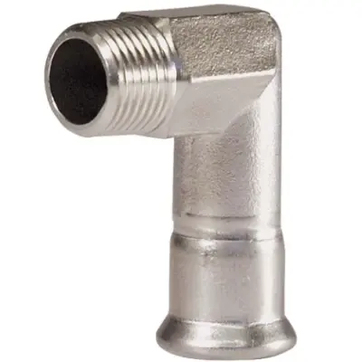 M-Press Stainless steel 316 steam M-profile press fit x BSP male threaded 90 degree elbow. PN7 Rated, FEPM Aflas Seal.