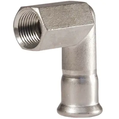 M-Press stainless steel 316 industry 90 degree elbow with M-profile press fit x BSP female threaded ends. FKM Seal, PN16 rated.