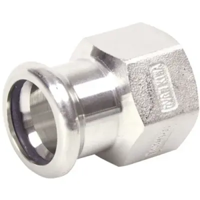 M-Press stainless steel 304 gas M-profile press fit x BSP threaded female straight adapter with HNBR seal. PN5 rated