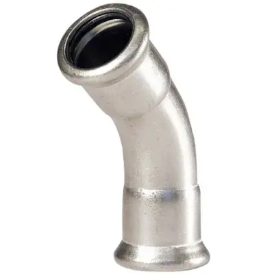 M-Press stainless steel 304 M-profile press fit 45 degree bend. EPDM Seals, PN16 Rated.