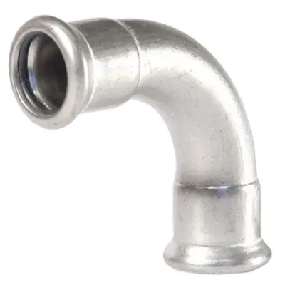 M-Press stainless steel 304 M-profile press fit 90 degree bend. EPDM Seals, PN16 Rated.