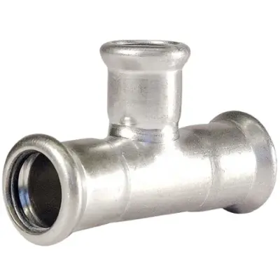M-Press stainless steel 304 M-profile press fit branch reducing tee. EPDM Seals, PN16 Rated.
