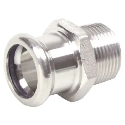 M-Press stainless steel 304 M-profile press fit x BSP male threaded straight adapter. EPDM Seal, PN16 Rated.