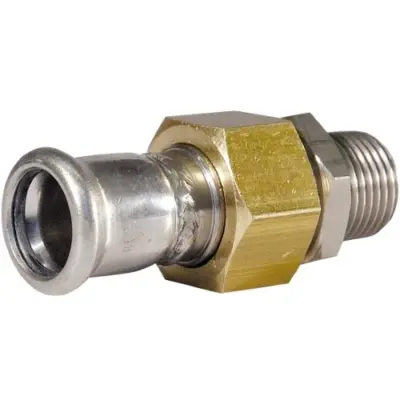 M-Press stainless steel 304 male union adapter with flat seat, M-profile press fit x BSPP male threaded ends. EPDM Seals, PN16 rated.