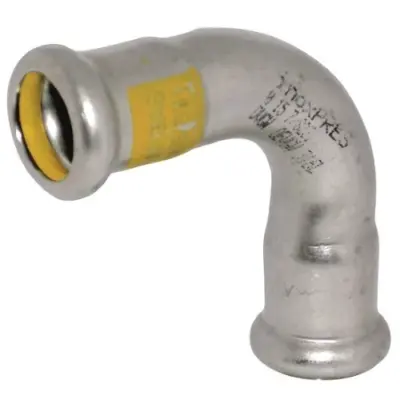 M-Press Stainless steel 304 gas M-profile press fit 90 degree bend. PN5 Rated, HNBR Seals, DVGW approved.