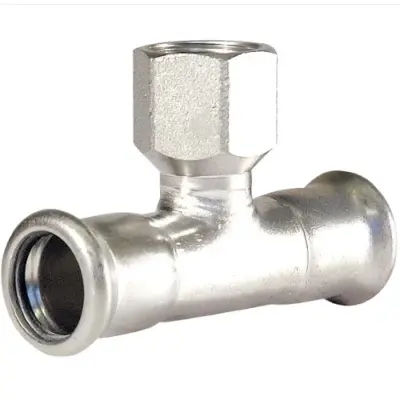 M-Press stainless steel 304 industry M-profile press fit x BSP female threaded tee. FKM Seals, PN16 Rated.