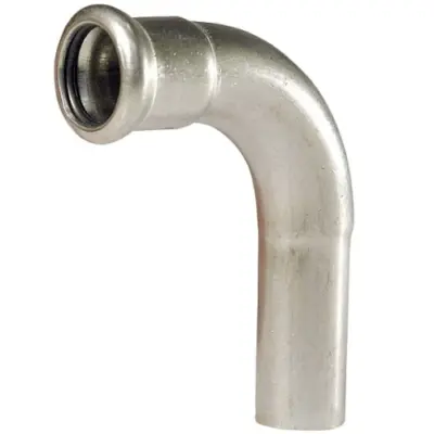 M-Press stainless steel 304 M-profile press fit x plain OD 90 degree street bend. EPDM Seal, PN16 Rated.