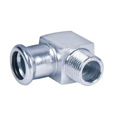 M-Press M-profile press fit x male BSP threaded carbon steel 90 degree elbow with EPDM seal, PN16 rated.