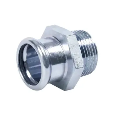 M-Press M-profile press fit x male BSP threaded carbon steel straight adapter with EPDM seal, PN16 rated.