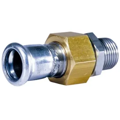 M-Press M-profile press fit x male BSP threaded carbon steel flat seat union adapter with EPDM seal, PN16 rated.