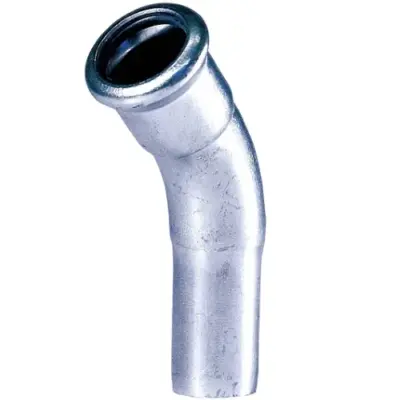 M-Press M-profile press fit x plain OD carbon steel male/female 45 degree bend with EPDM seal, PN16 rated.