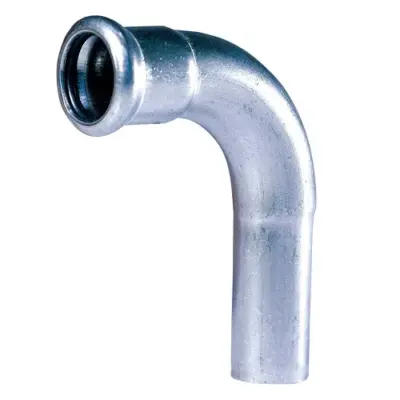 M-Press M-profile press fit x plain OD carbon steel male/female 90 degree bend with EPDM seal, PN16 rated.
