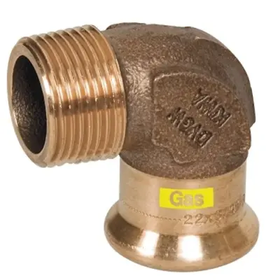M-Press copper gas M-profile press fit x BSP male threaded 90 degree elbow. PN5 rated, HNBR seals and DVGW approved.
