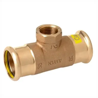 M-Press copper gas M-profile press fit x BSP female threaded tee. PN5 rated, HNBR seals and DVGW approved.