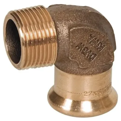 M-Press copper industry M-profile press fit x BSP male threaded 90 degree elbow. PN16 rated, FKM seal.