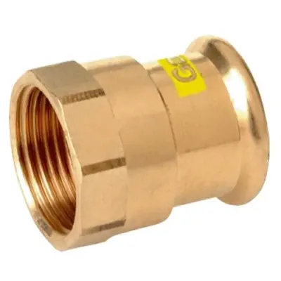 M-Press copper gas M-profile press fit x BSP female threaded straight adapter. PN5 rated, HNBR seals and DVGW approved.