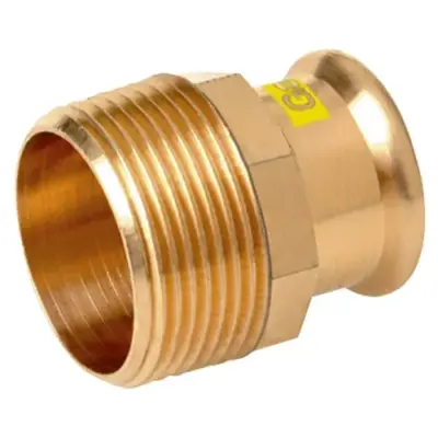 M-Press copper gas M-profile press fit x BSP male threaded straight adapter. PN5 rated, HNBR seals and DVGW approved.