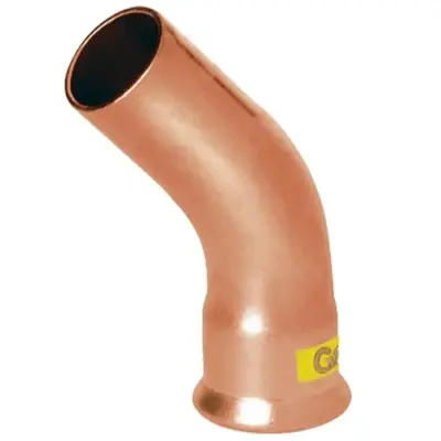 M-Press copper gas M-profile press fit x plain OD 45 degree street bend. PN5 rated, HNBR seals and DVGW approved.