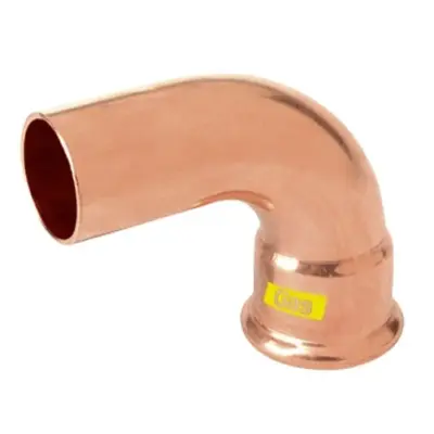 M-Press copper gas M-profile press fit x plain OD 90 degree street bend. PN5 rated, HNBR seals and DVGW approved.