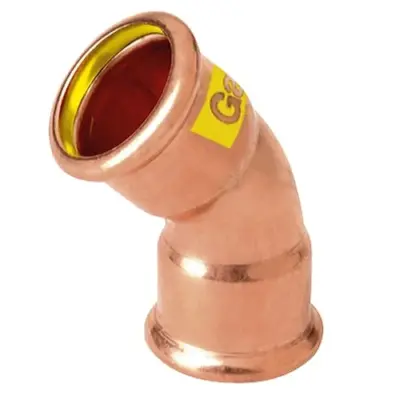 M-Press copper gas M-profile press fit 45 degree bend. PN5 rated, HNBR seals and DVGW approved.