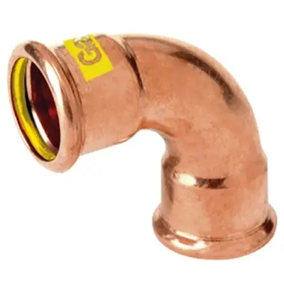 M-Press copper gas M-profile press fit 90 degree bend. PN5 rated, HNBR seals and DVGW approved.