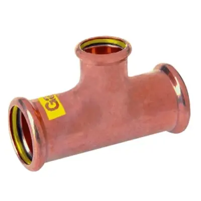 M-Press copper gas M-profile press fit branch reducing tee. PN5 rated, HNBR seals and DVGW approved.