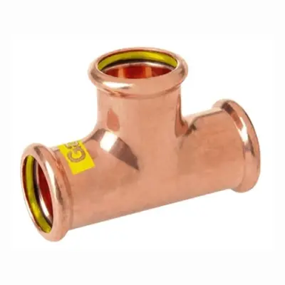 M-Press copper gas M-profile press fit equal tee. PN5 rated, HNBR seals and DVGW approved.