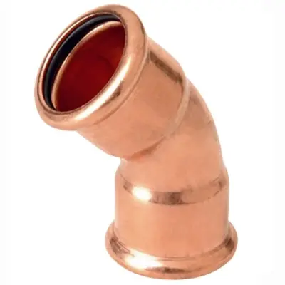 M-Press copper industry M-profile press fit 45 degree bend. PN16 rated, FKM seal.