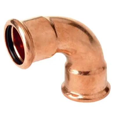 M-Press copper industry M-profile press fit 90 degree bend. PN16 rated, FKM seal.