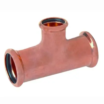 M-Press copper industry M-profile press fit branch reducing tee. PN16 rated, FKM seals.