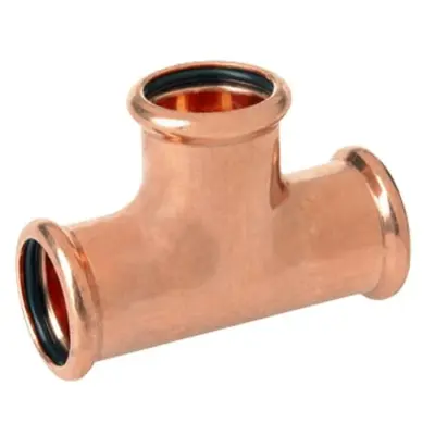 M-Press copper industry M-profile press fit equal tee. PN16 rated, FKM seals.