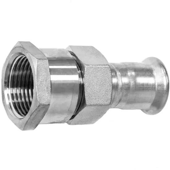 M-Press stainless steel 316 flat seat union adapter with BSP female threaded x press fit ends. PN16 rated, EPDM seals, WRAS approved.