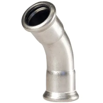 M-Press stainless steel 316 gas M-profile press fit 45 degree bend. HNBR Seals, PN5 rated. DVGW Approved for gas.