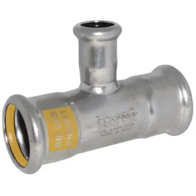 M-Press stainless steel 316 gas M-profile press fit branch reducing tee. HNBR Seals, PN5 rated. DVGW Approved for gas.