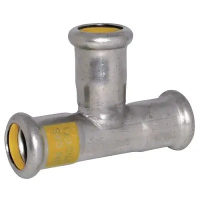M-Press stainless steel 316 gas M-profile press fit equal tee. HNBR Seals, PN5 rated. DVGW Approved for gas.