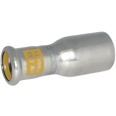 M-Press stainless steel 316 gas M-profile press fit x plain OD straight reducer. HNBR Seal, PN5 rated. DVGW Approved for gas.
