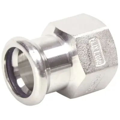 M-Press stainless steel 316 gas M-profile press fit x BSP female threaded straight adapter. HNBR Seal, PN5 rated. DVGW Gas approved.
