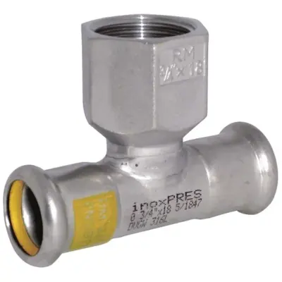 M-Press stainless steel 316 gas M-profile press fit x BSP female threaded tee. HNBR Seals, PN5 rated. DVGW Gas approved.