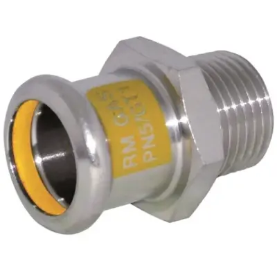 M-Press stainless steel 316 gas M-profile press fit x BSP male threaded straight adapter. HNBR Seal, PN5 rated. DVGW Gas approved.