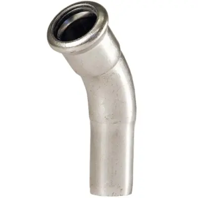 M-Press stainless steel 316 gas M-profile press fit x plain OD 45 degree street bend. HNBR Seal, PN5 rated. DVGW Gas approved.
